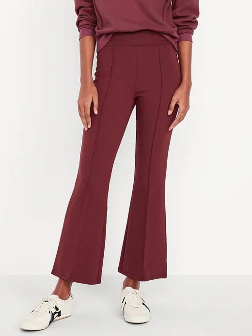 NWT High Waisted Old Navy Wine Crop Kick Flare Ponte Sweat Yoga Casual Pants